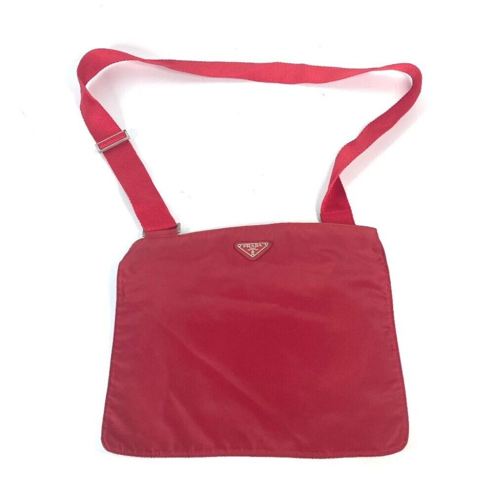 PRADA Pochette triangle logo plate Bag Crossbody Shoulder Bag Nylon Red